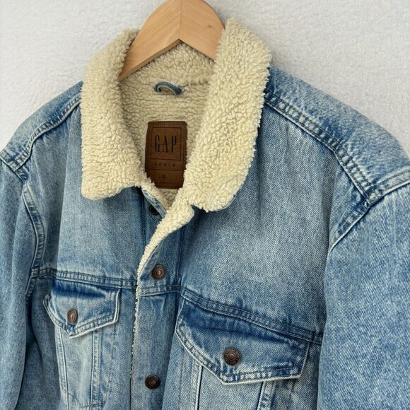 GAP DENIM Jacket Mens XL Trucker Sherpa Fleece Snap Front Cotton Light Wash Blue - Picture 6 of 14